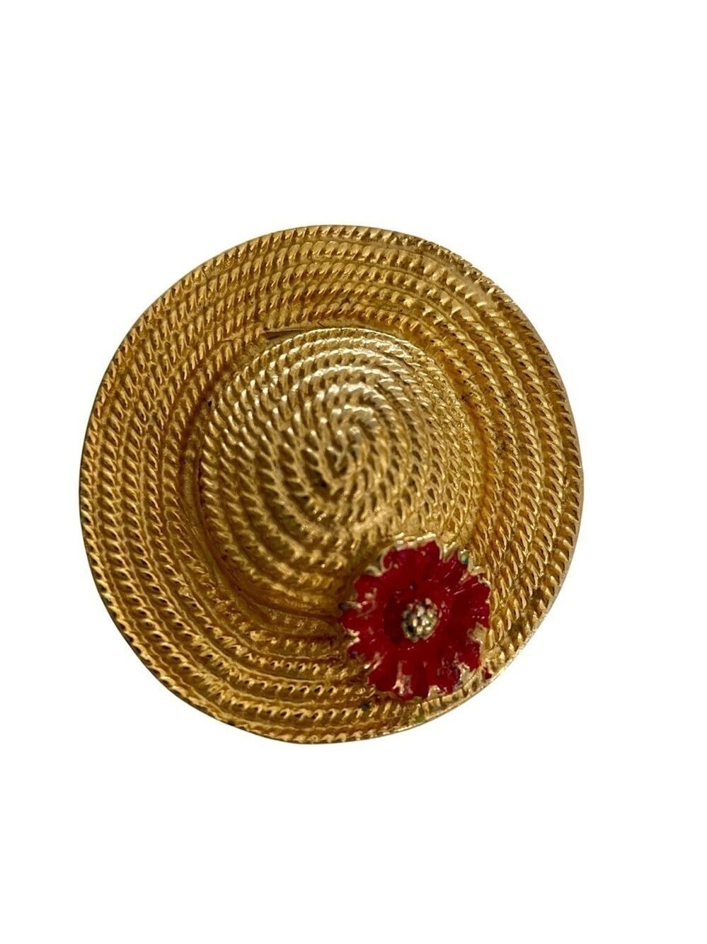 Vintage Brooch Gold/Tone Hat, Pink Flower Accent, Intricate Design, Heavy